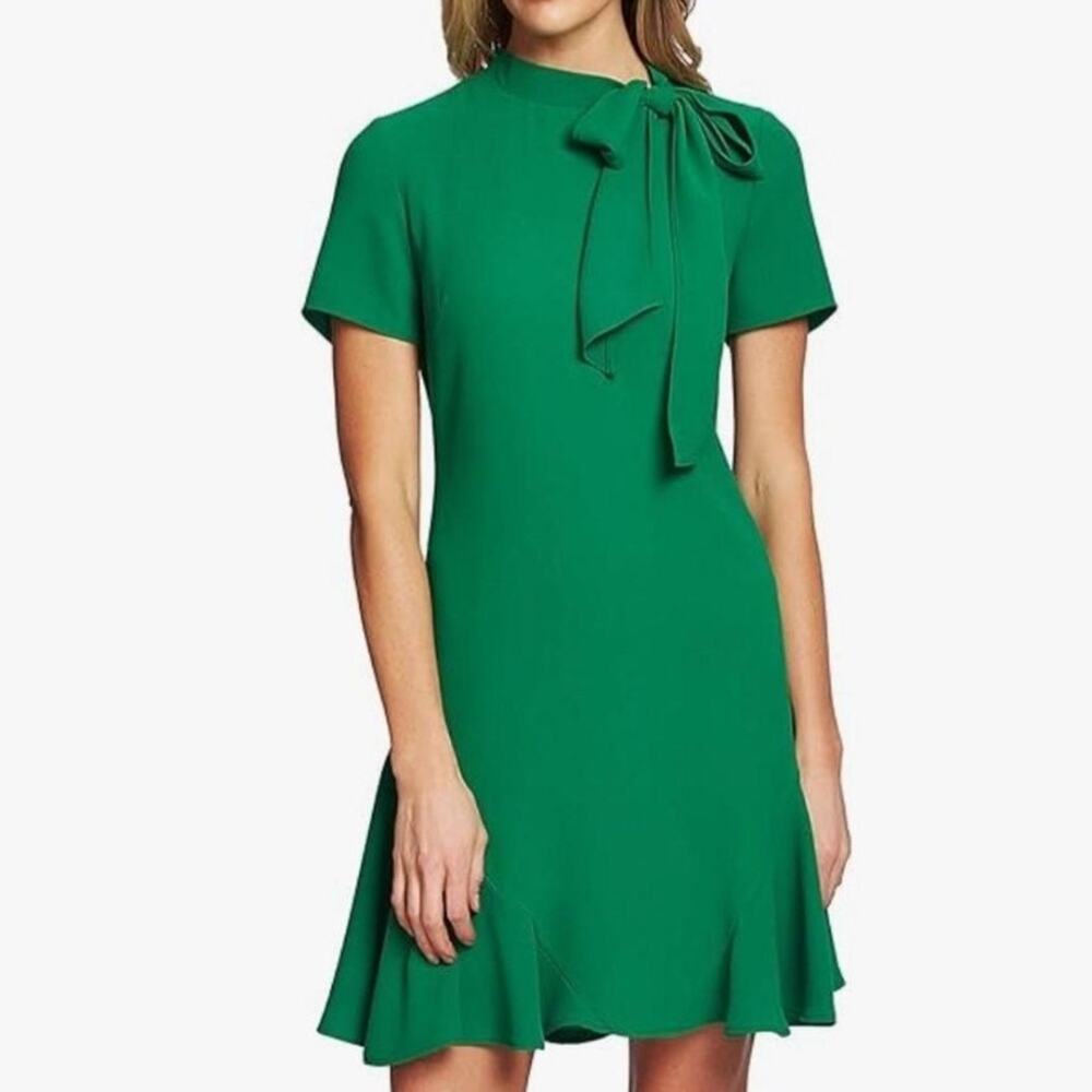 CeCe NWT Women's Lush Green Essentials A-Line Bow Neck Dress Size 0